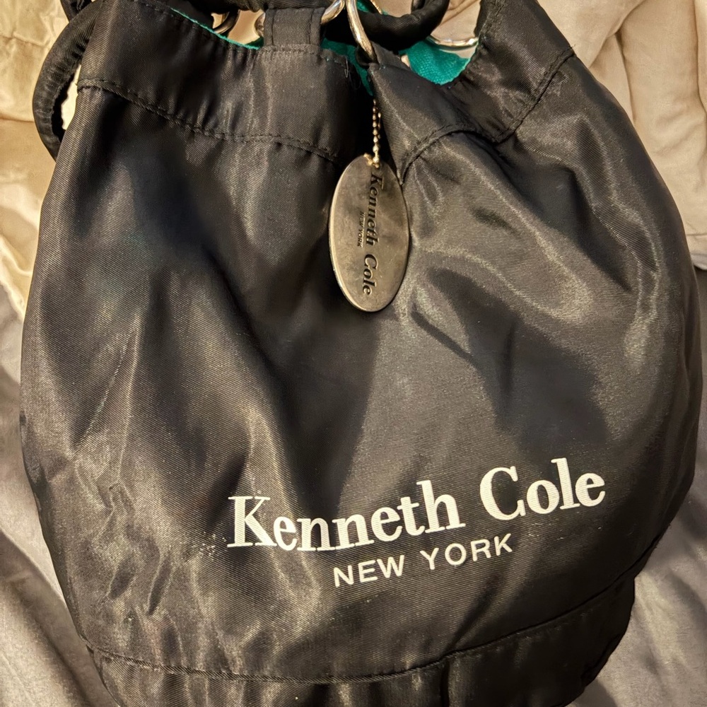 Kenneth Cole New York Black Drawstring Mini Tote with Teal Interior Peek